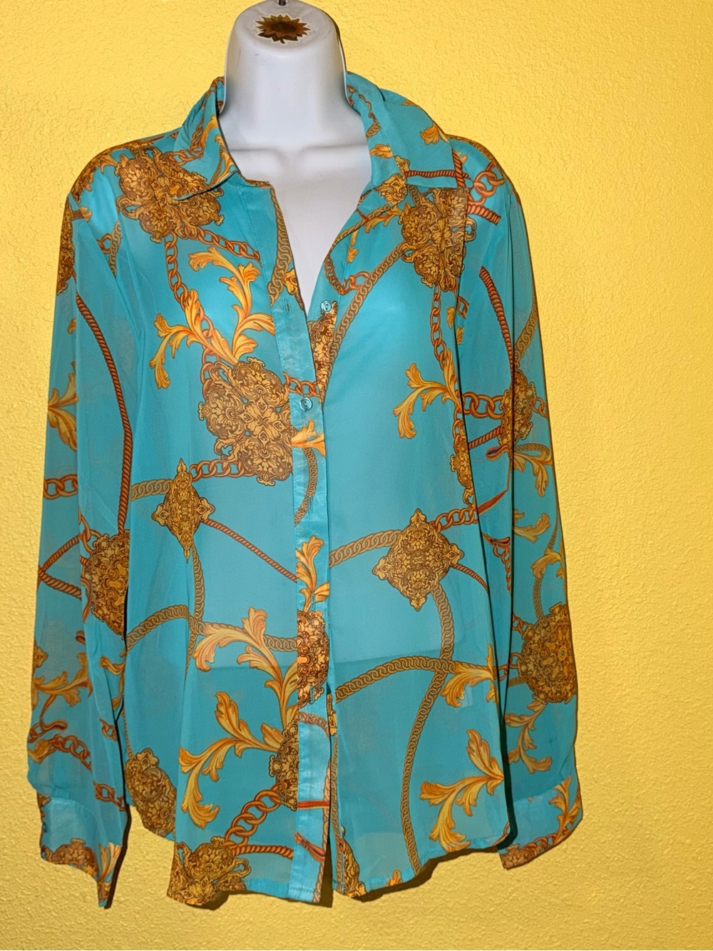 Timing Turquoise & Gold Chain-Print Button Shirt